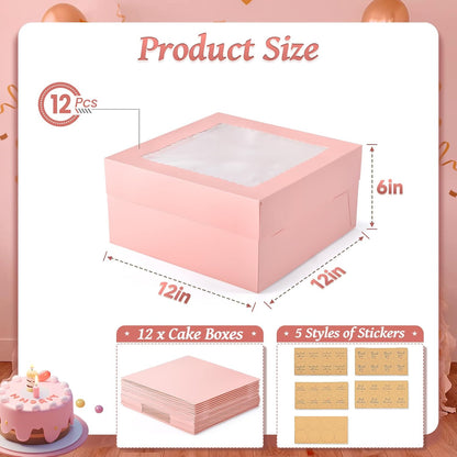 12Pcs 8x8x8 Inches Cake Boxes, Pink Square Bakery Boxes with Window, Disposable Cake Carrier Container for Pastries, Pie, Cookies, Chocolates, Cupcakes, Birthday Party, Wedding