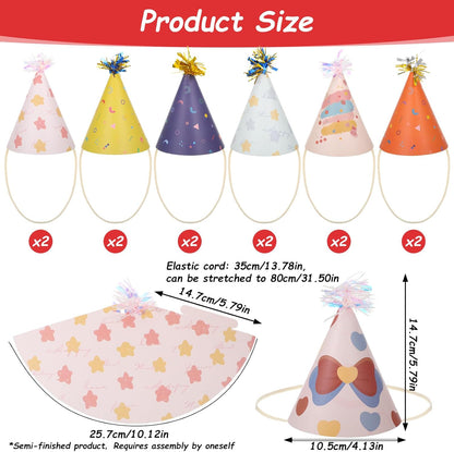 12 PCS Party Hats, Birthday Paper Cone Hat with Glitter Pompoms, Paper Party Headwear for Adults Kids Celebration
