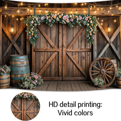 10x8ft Country Wedding Photography Backdrop Rustic Barn Door Photography Backdrop Farmhouse Pink Flower Cabin Wooden Birthday Baby Shower Wedding Bridal Party Banner Photo Booth Props Background
