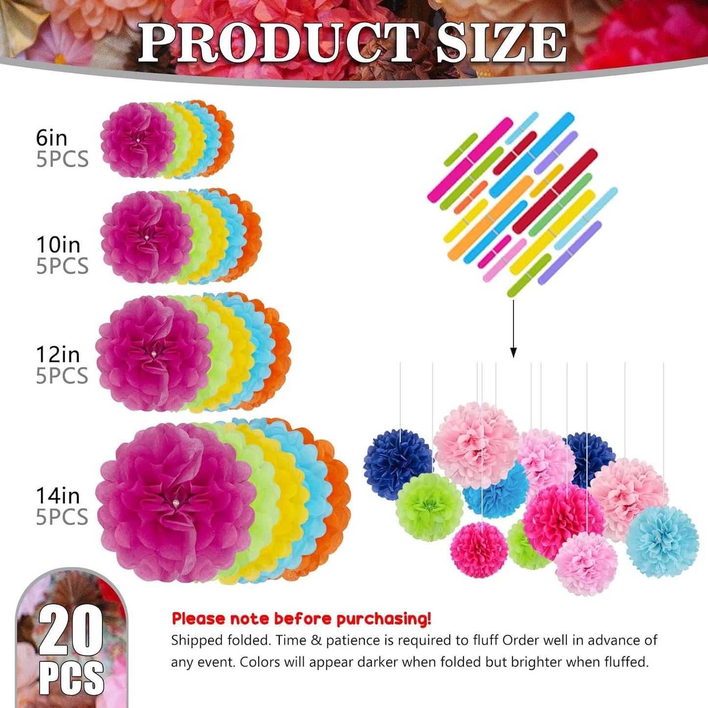 Tissue Paper Pom Poms, Pink Tissue Paper Flowers, Hanging Flower Balls for Weddings Fiesta Parties Birthday Baby Showers Classroom Bridal Shower Decoration (18Piece Set-6/10/12/14Inch)