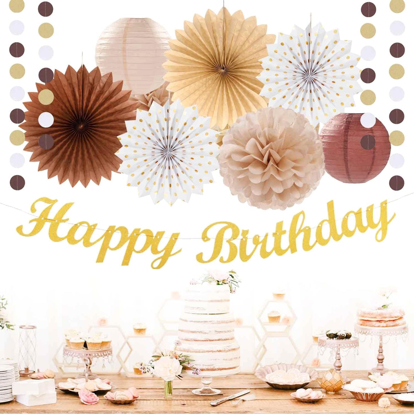 Champagne-Gold Beige Fall Boho Birthday Party-Decorations - 21pcs Autumn Neutral Retro Happy Banner,Girl One Sweet Peach Paper Streamers Lanterns,Tissue Pom Poms Fan,Rustic Backdrop Decor Huglony
