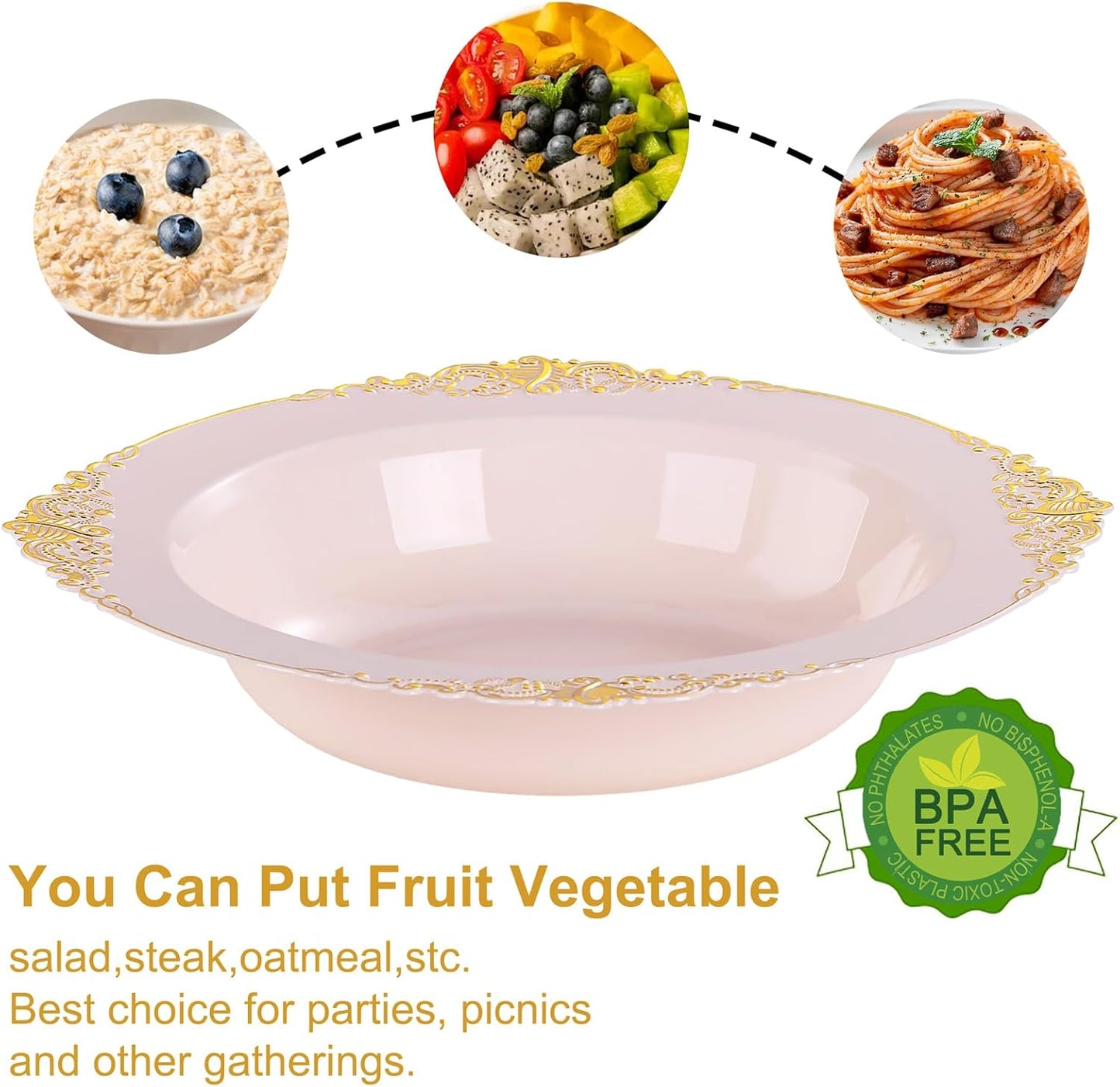 Nervure 50 Pack White Plastic Bowls with Gold Rim - 12oz Disposable Soup Bowls - Heavy Duty Dessert Bowl, Salad Bowl Perfect for Weddings, Parties, Mothers Day