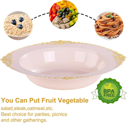 Nervure 50 Pack White Plastic Bowls with Gold Rim - 12oz Disposable Soup Bowls - Heavy Duty Dessert Bowl, Salad Bowl Perfect for Weddings, Parties, Mothers Day