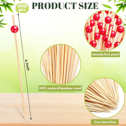 Reallnaive 600 Pcs Cocktail Pick Pearl Fancy Toothpick for Appetizer 4.7 Inch Long Skewer for Drink Fruit Food Bamboo Stick Wedding Bridal Shower Decoration Charcuterie Accessories (White)