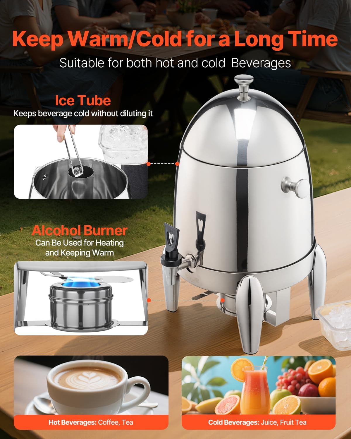 VEVOR Stainless Steel Beverage Dispenser, 3.4 Gallon Drink Dispenser with Alcohol Burner, Hot & Cold Drink Dispensers with Spigot for Coffee Tea Hot Water, Ideal for Restaurants, Hotels, Parties