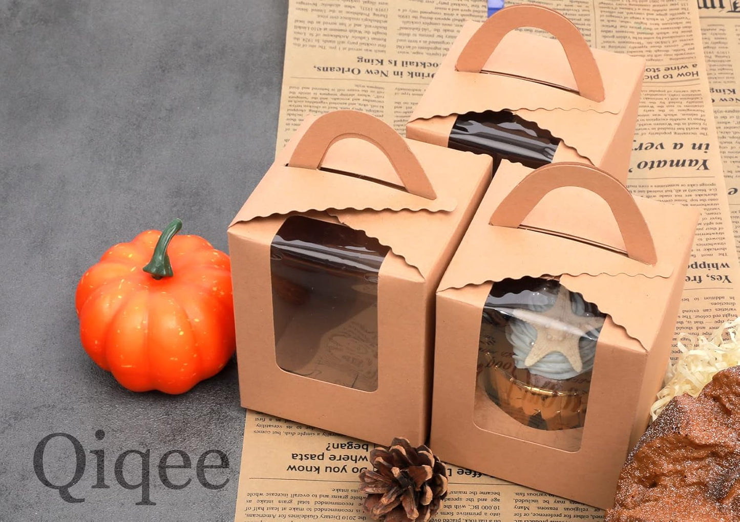 qiqee 60pcs Cupcake Boxes Individual Disposable White Single Box with Window 3.6 * 3.6 * 4.3inch Cupcake Containers/Holders