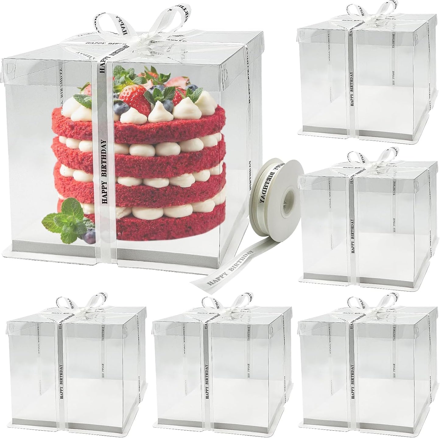 6 Pack Clear Cake Box with Ribbon, 8 x 8 x 9 Inch Transparent Cake Carrier Transport Container, PET Bakery Take Out Transport Containers for Birthday, Holiday, Wedding, Party