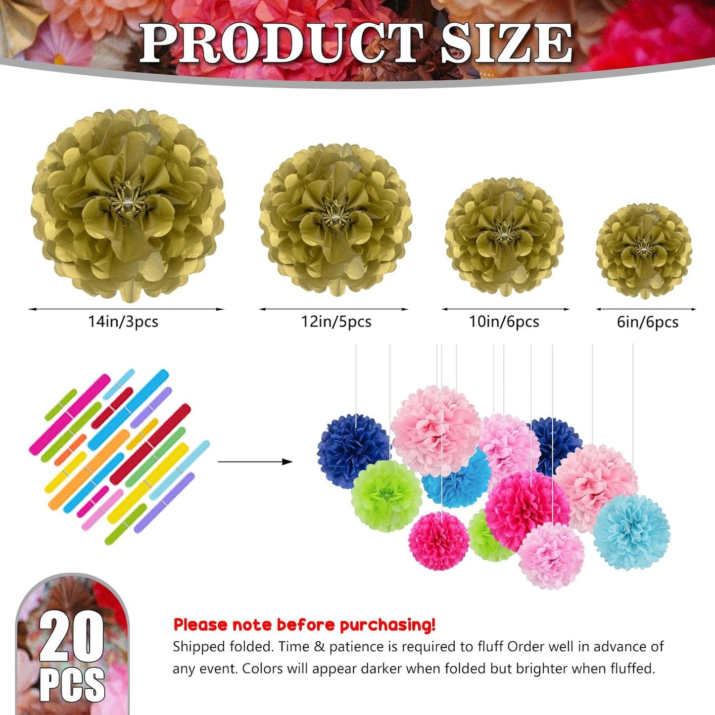 Tissue Paper Pom Poms, Pink Tissue Paper Flowers, Hanging Flower Balls for Weddings Fiesta Parties Birthday Baby Showers Classroom Bridal Shower Decoration (18Piece Set-6/10/12/14Inch)