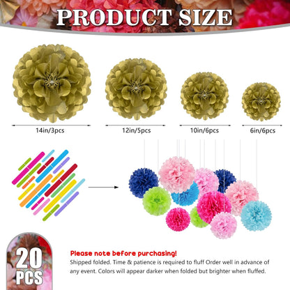 Tissue Paper Pom Poms, Pink Tissue Paper Flowers, Hanging Flower Balls for Weddings Fiesta Parties Birthday Baby Showers Classroom Bridal Shower Decoration (18Piece Set-6/10/12/14Inch)