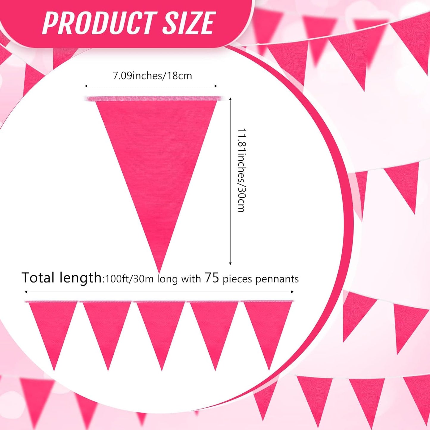 Hahafelt 100 Feet Pennant Banners Flags 75 Solid String Triangle Flags for Grand Opening, Carnival Theme Birthday Party Decoration Outdoor Events Classroom Decoration(Pink)