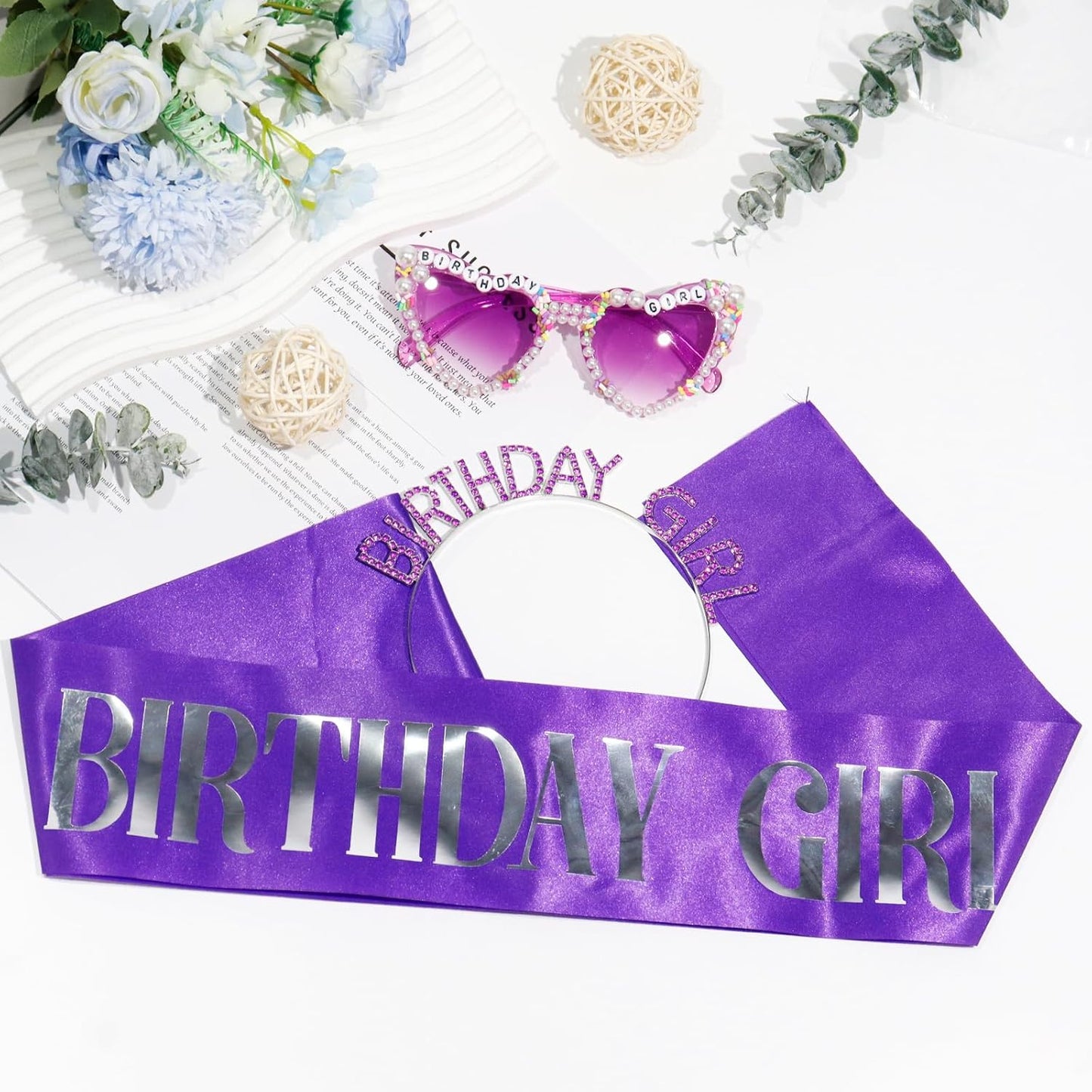 3Pcs Birthday Girl Sash Headband Set-Birthday Sash Tiara and Crown Sunglasses for Girls Women