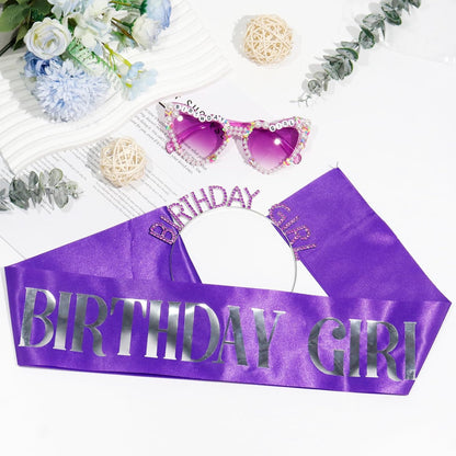 3Pcs Birthday Girl Sash Headband Set-Birthday Sash Tiara and Crown Sunglasses for Girls Women