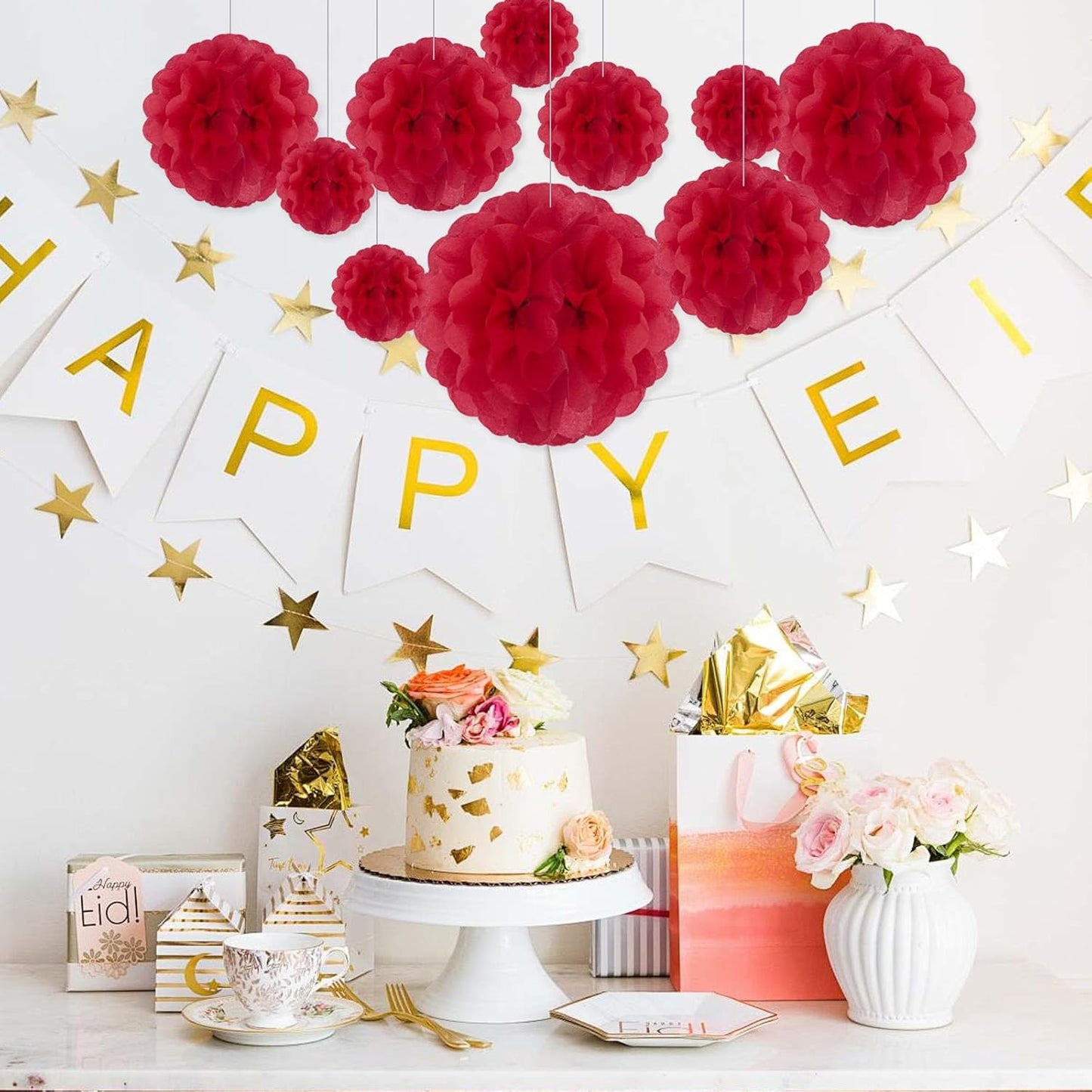 Tissue Paper Pom Poms, Pink Tissue Paper Flowers, Hanging Flower Balls for Weddings Fiesta Parties Birthday Baby Showers Classroom Bridal Shower Decoration (18Piece Set-6/10/12/14Inch)