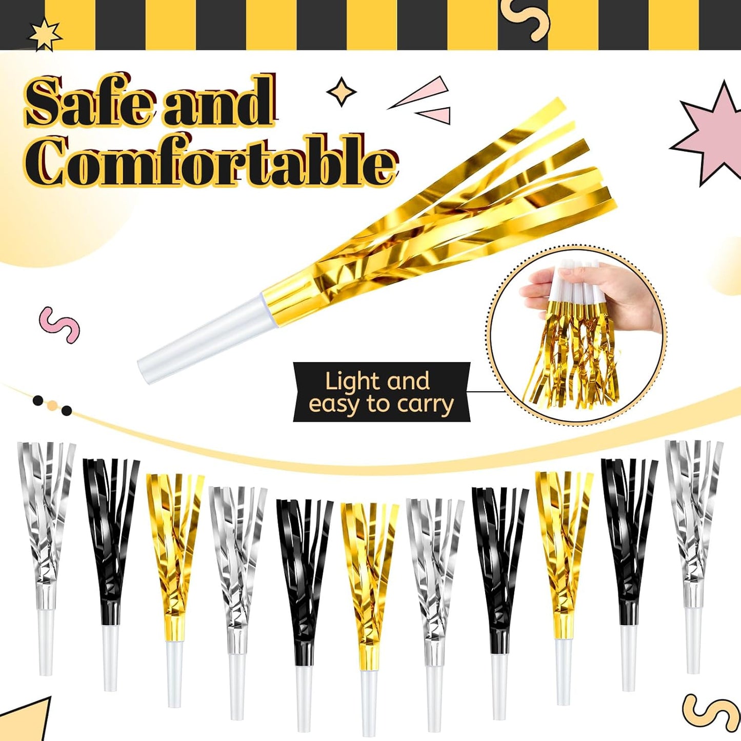 Sumind 24 Pcs Gold Noise Makers Metallic Fringed Party Blowers Horns Whistles Noisemakers Party Favors for Adults Birthday Graduation Sporting Events Celebration Surprise Supplies