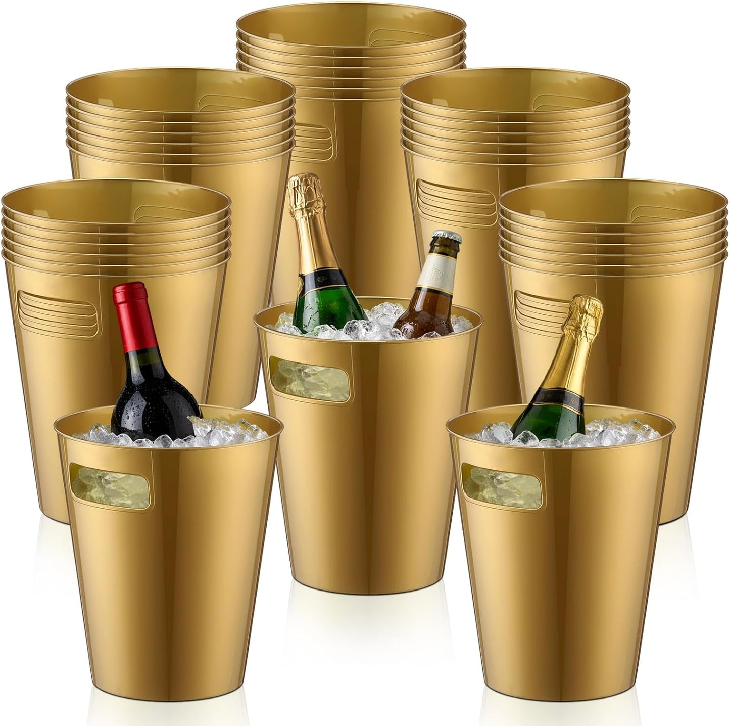 meekoo 32 Pack Gold Ice Buckets for Parties, 3l Plastic Beverage Bucket with Handle, Large Drink Tub Cooler for Champagne, Wine, Beer, and Soda, Beverage Tubs for Wedding, Bar, Table Display