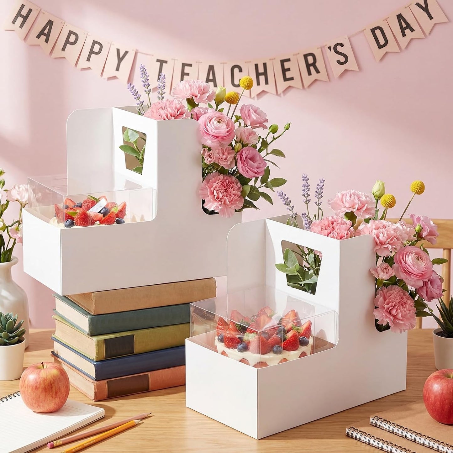 Qinyoung 12 Sets Mother's Day Flower Gift Box Cake Flower Gift Boxes with 12 Pcs Transparent PVC Cake Boxes Mother's Day Box for Teacher,Mom Wedding, Birthday Party(White,Classic,Blank)
