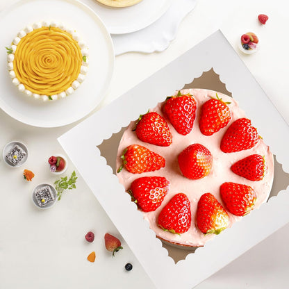 15Pcs 12x12x8 Inch Tall Cake Boxes with Clear Window & Cake Boards - Sturdy White Bakery Boxes with Scalloped Edge for Layer, Wedding, Birthday Cakes - Secure Transport for Professional & Home Bakers