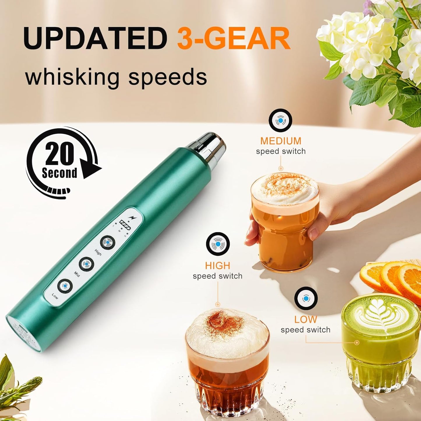 YUSWKO Black Handheld Milk Frother Wand for Coffee, Rechargeable Electric Whisk with 3 Heads 3 Speeds Drink Mixer Coffee Frother For Latte, Cappuccino, Hot Chocolate, Egg
