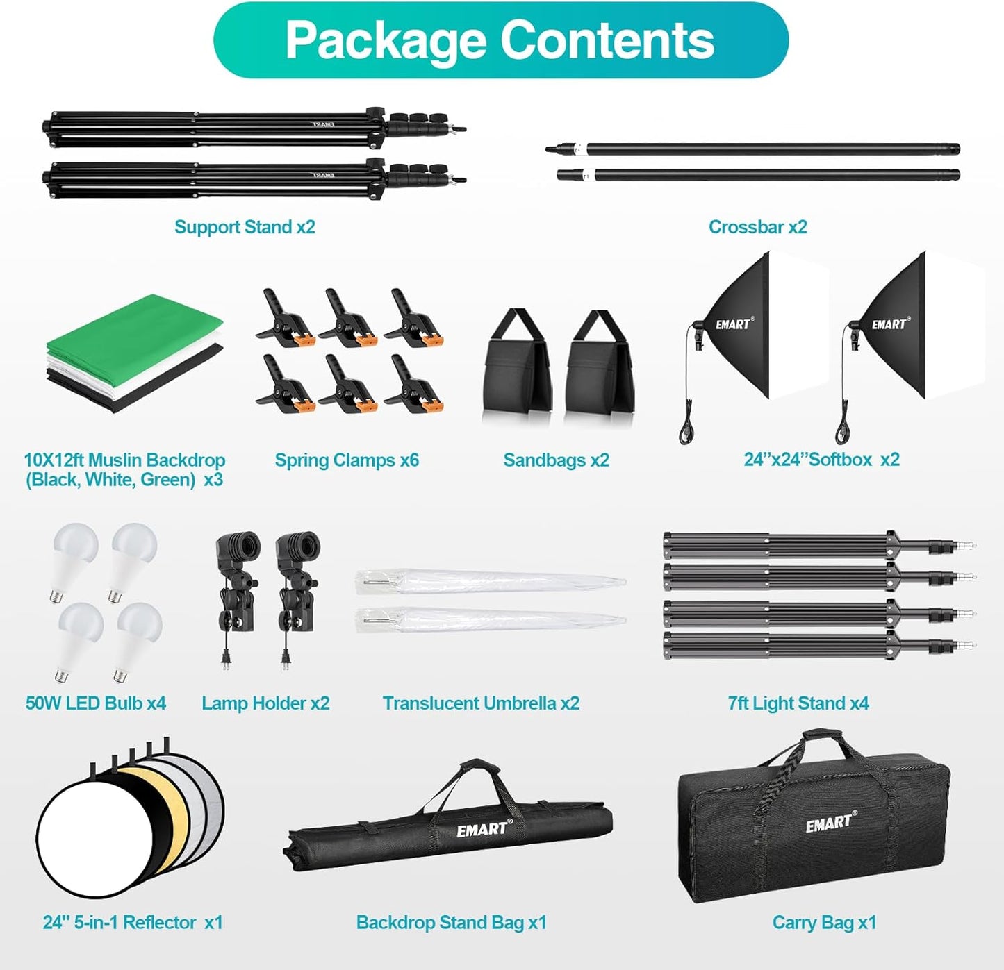 EMART 8.5 x 10 ft Backdrop Support System, Professional Photography Lighting Kit with 5500K 50W LED, 6 * 9ft Backdrop *3, Reflector,Umbrellas&Softbox Lighting Kit for Studio, Portrait, Video Shooting