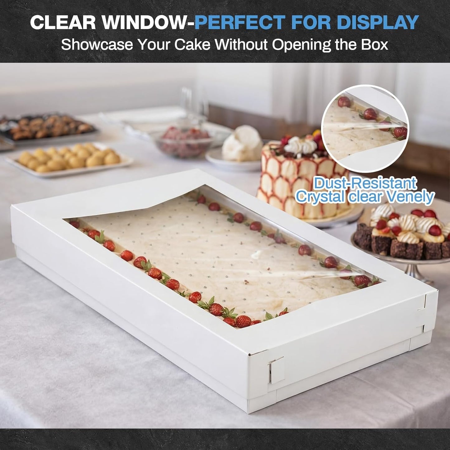 10 Sets 19 x 14 x 4 Inch Heavy Duty Half Sheet Cake Box with Window Include Corrugated Paperboard Cake Box Bottom Bakery Top Greaseproof Pad Tray for Dessert
