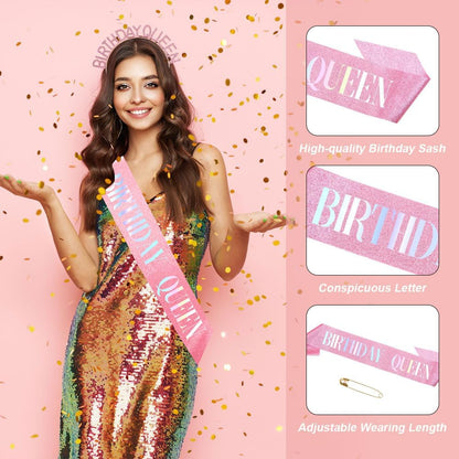 Birthday Sash & Crown for Women - Tiara Headband, Girls' Decorations Accessories
