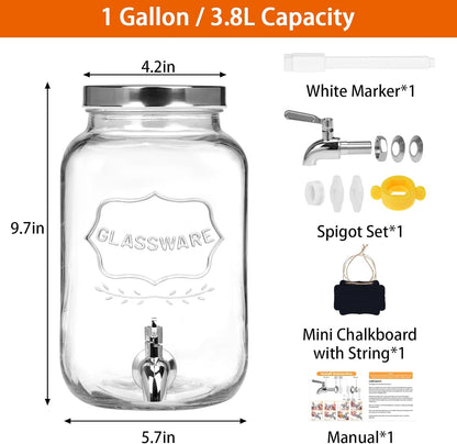 Bululuo Glass Drinks Dispenser for Parties, 2 PACK 1 Gallon Beverage Dispenser with Stand for Juice and Iced Tea, Water Jug Dispenser for Lemonade, Party Essential Beverage Pitcher with Spout
