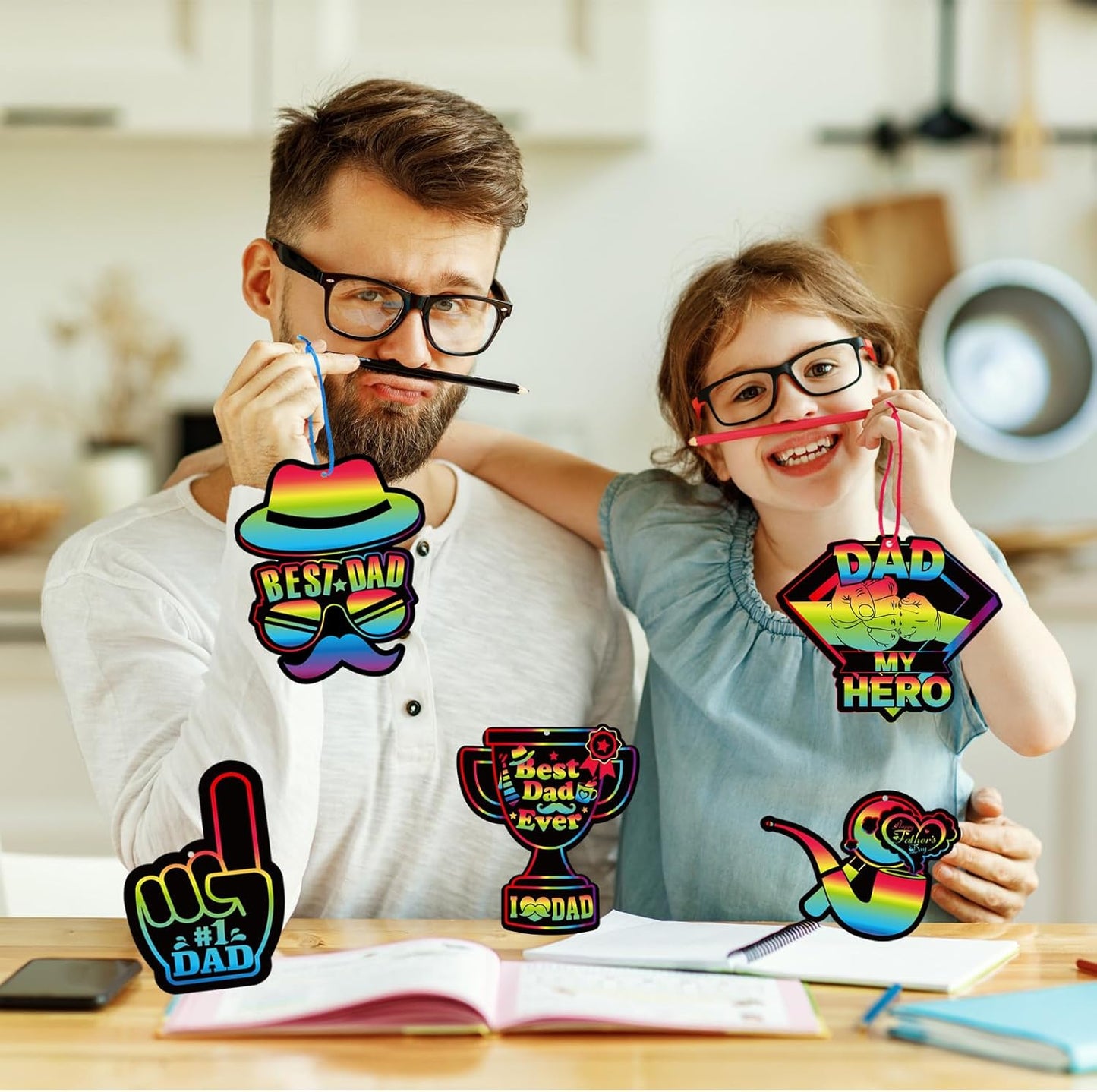 HOWAF 36pcs Father’s Day Scratch Paper Crafts Love Dad Scratch Cards Best Dad Rainbow Scratch Off Cards for Fathers Day Activity School DIY Drawing, Feliz Dia Del Padre Paper Scratch Pad for Kids