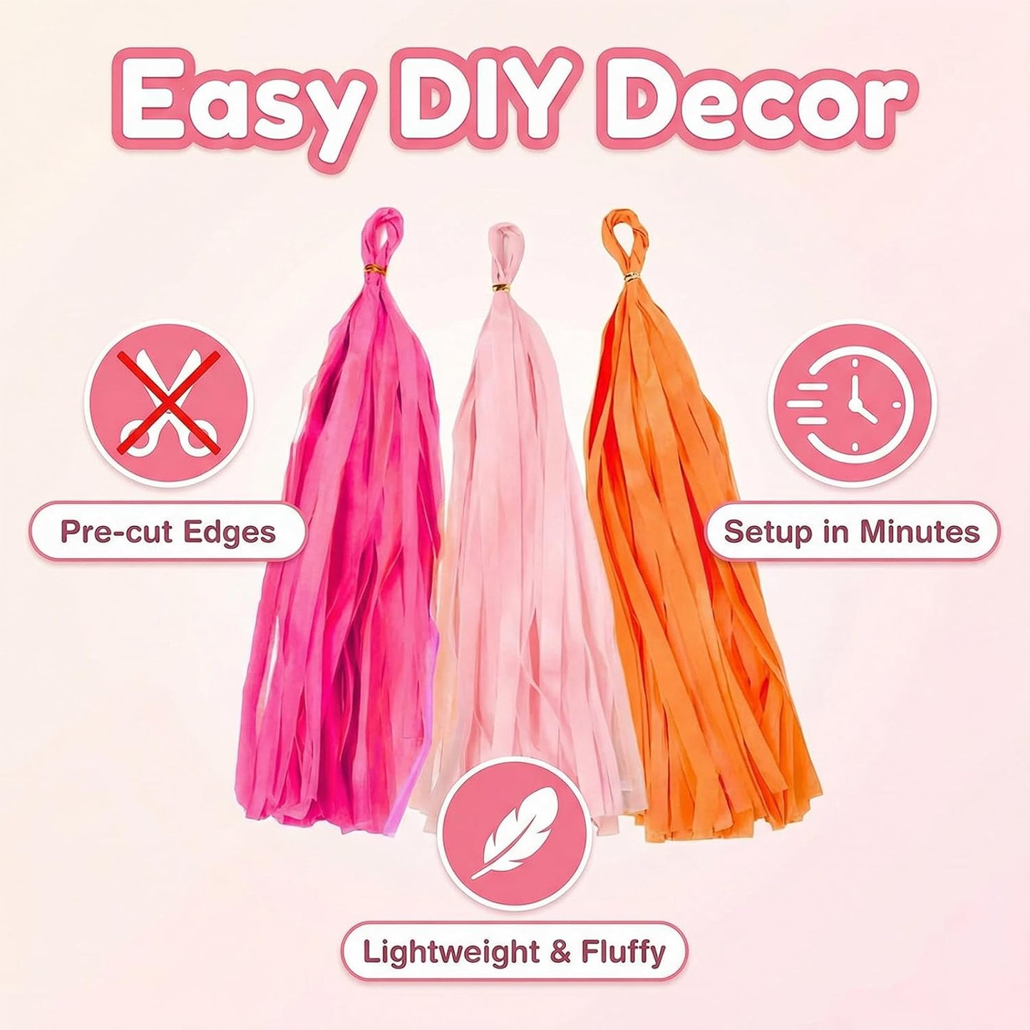 Tissue Paper Tassel Garland – 15-Pack Pink, Rose & Orange, 14-Inch DIY Party Decor for Baby Shower, Wedding & Photo Backdrop