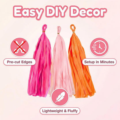 Tissue Paper Tassel Garland – 15-Pack Pink, Rose & Orange, 14-Inch DIY Party Decor for Baby Shower, Wedding & Photo Backdrop