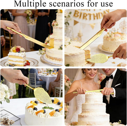 Berglander Gold Wedding Cake Knife and Server Set, Titanium Gold Plating With Unique Pattern Design Cake Cutter Serving Set Perfect For Wedding, Birthday, Parties and Events Dishwasher Safe