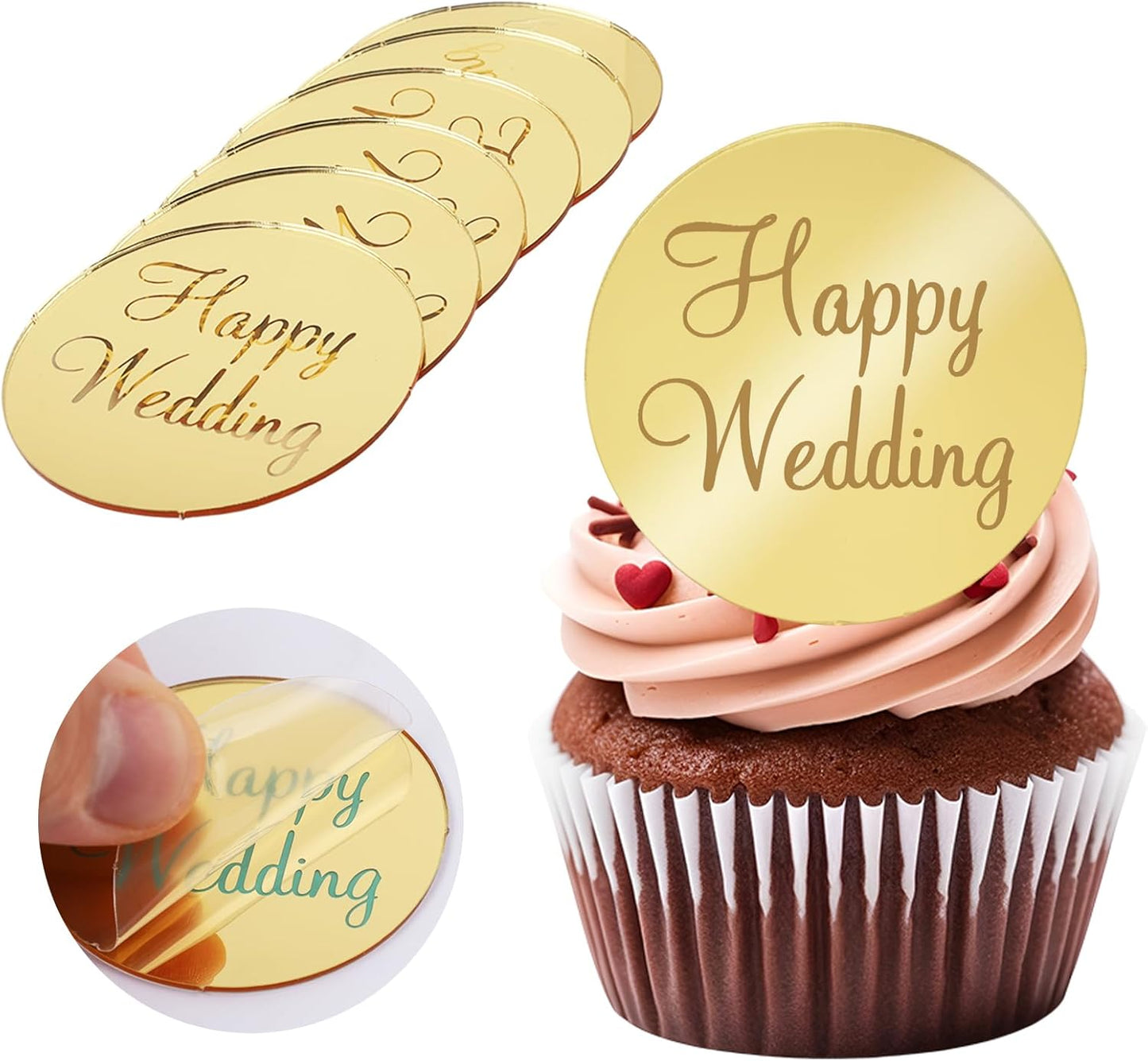 20pcs Gold Mirror Acrylic Happy Birthday Cupcake Toppers Round Engraved Cake Picks Happy Birthday Cake Toppers for DIY Birthday Gift Flower Bouquet Pastries Desserts Decor