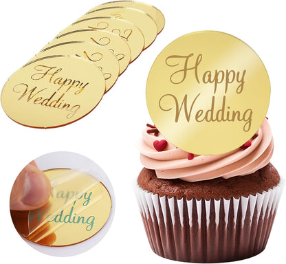 20pcs Gold Mirror Acrylic Happy Birthday Cupcake Toppers Round Engraved Cake Picks Happy Birthday Cake Toppers for DIY Birthday Gift Flower Bouquet Pastries Desserts Decor