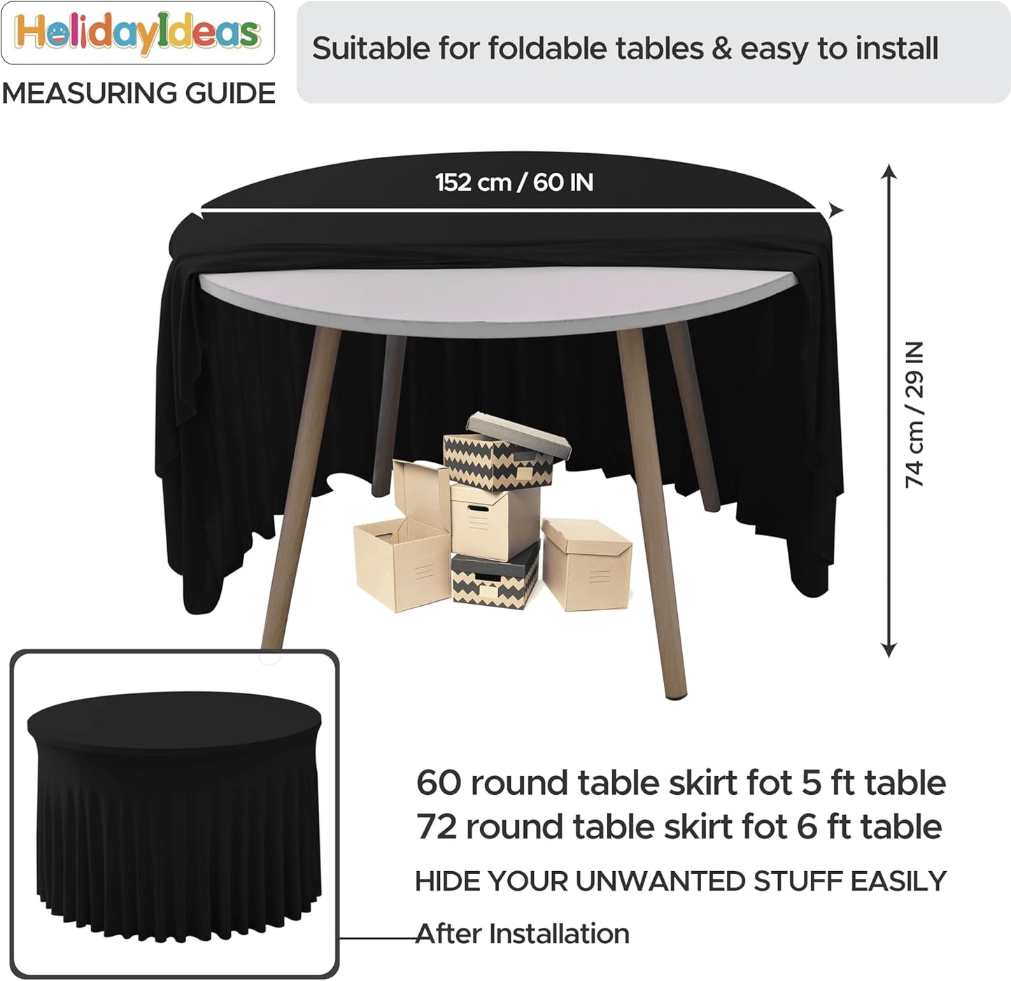 HolidayIdeas 2 Pack Spandex Table Skirt for 6 Ft Rectangle Tables, Black Fitted Stretch Tablecloth 30 x 72 Inch, Wrinkle Resistant Ruffle Design for Wedding Banquets, Trade Shows, Parties