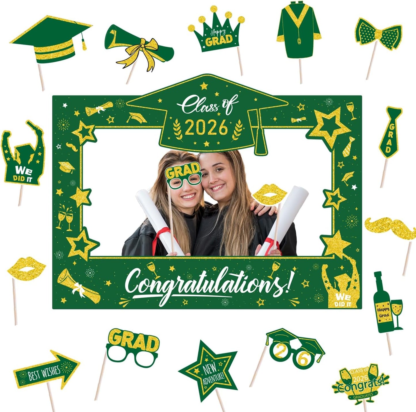 Graduation Decorations Class of 2026 Photo Booth Props - Blue and Gold 2026 Graduation Frame & Photo Props Congrats Grad Class of 2026 Decor for Graduation Party Supplies