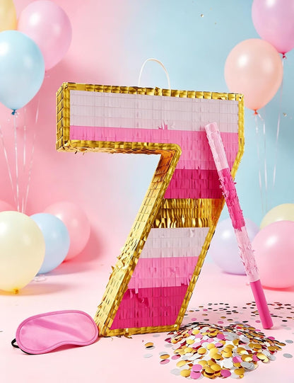Number 5 Piñata with Stick, Blindfold & Confetti-Pink Piñata for Birthday Parties, Complete Party Game Set for Kids Girls-Gradient Pink Birthday Decor with Fillable Design(Small, 16.5 x 11.5 x 3 In)