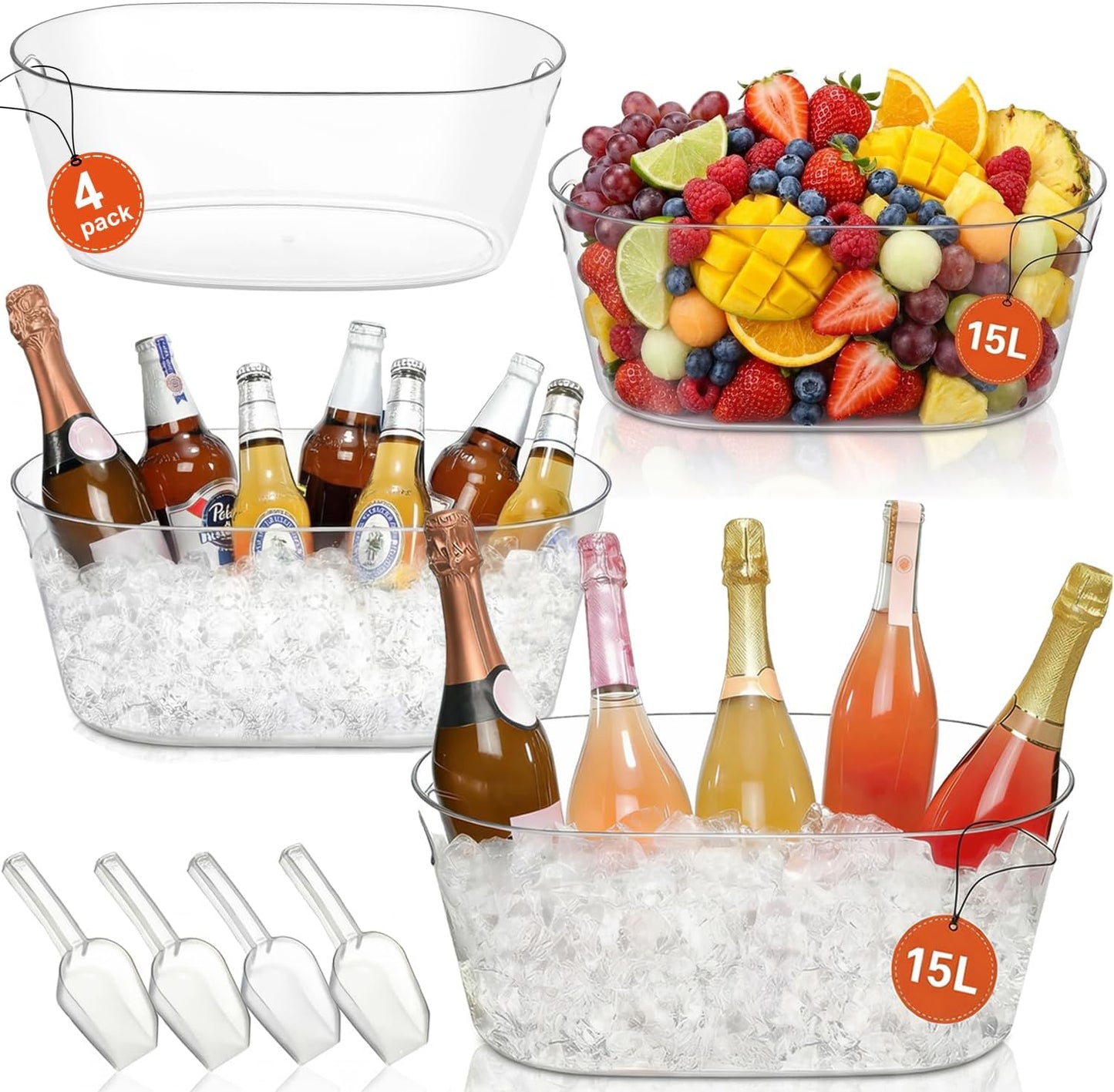 2 PCS Ice Buckets for Parties, 15L Large Ice Bucket, 4 Gallon Champagne Bucket with Scoops, Beverage Tub Mimosa Bar Supplies for Champagne, Beer, Cocktail