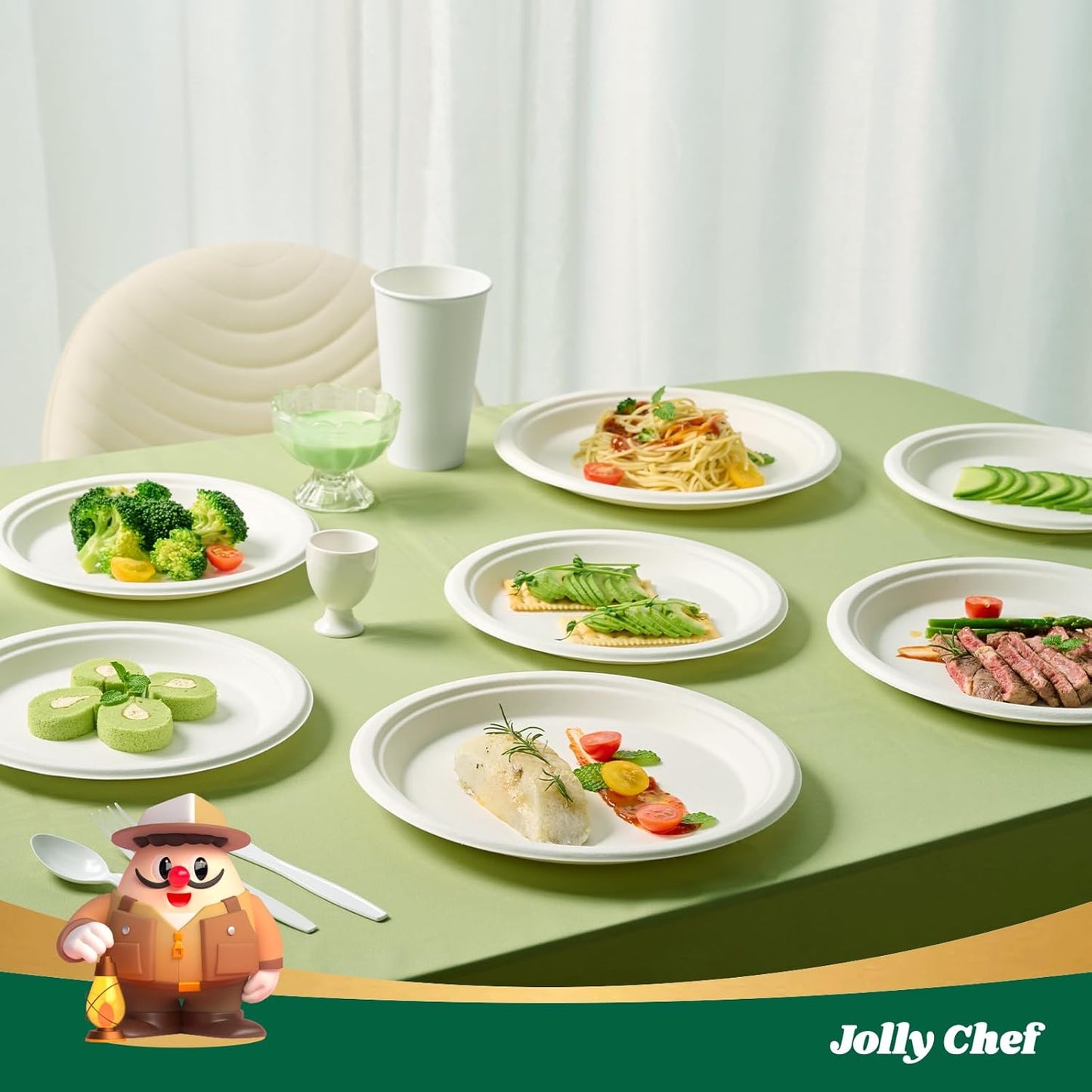 JOLLY CHEF Compostable Heavy Duty Plates 𝟭𝟬 𝗜𝗻𝗰𝗵 [𝟯𝟬𝟬 𝗣𝗮𝗰𝗸] Eco-Friendly Disposable Paper Plates Made of Bagasse Biodegradable Bulk for Party Dinner Sugarcane Thanksgiving Day (Natural)