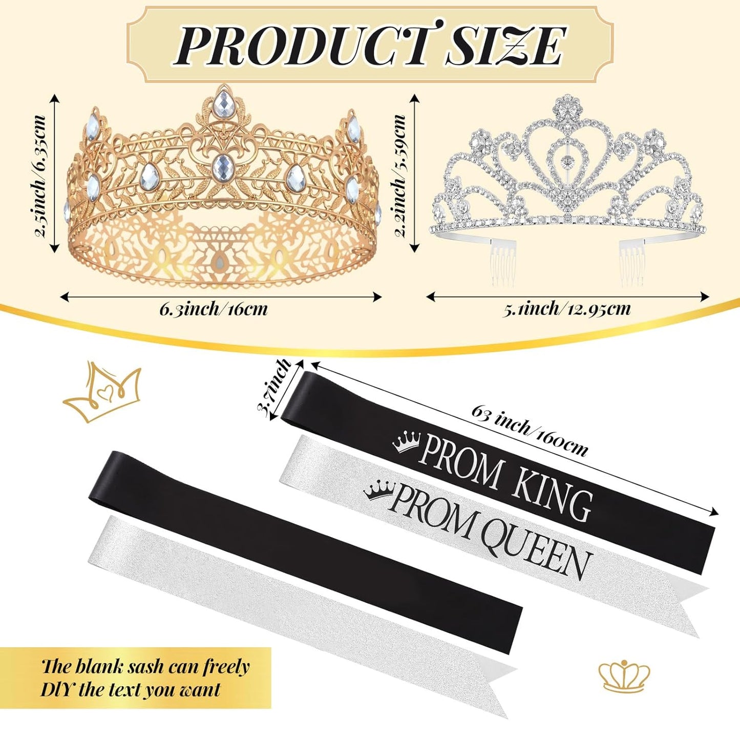 Lyrow 4 Pcs Prom King and Queen Crown Set, Prom King Crown with Sash for Graduation, Queen Tiara with Sash for Grad Couple Accessories Homecoming Birthday Party(Cute,Black,White)