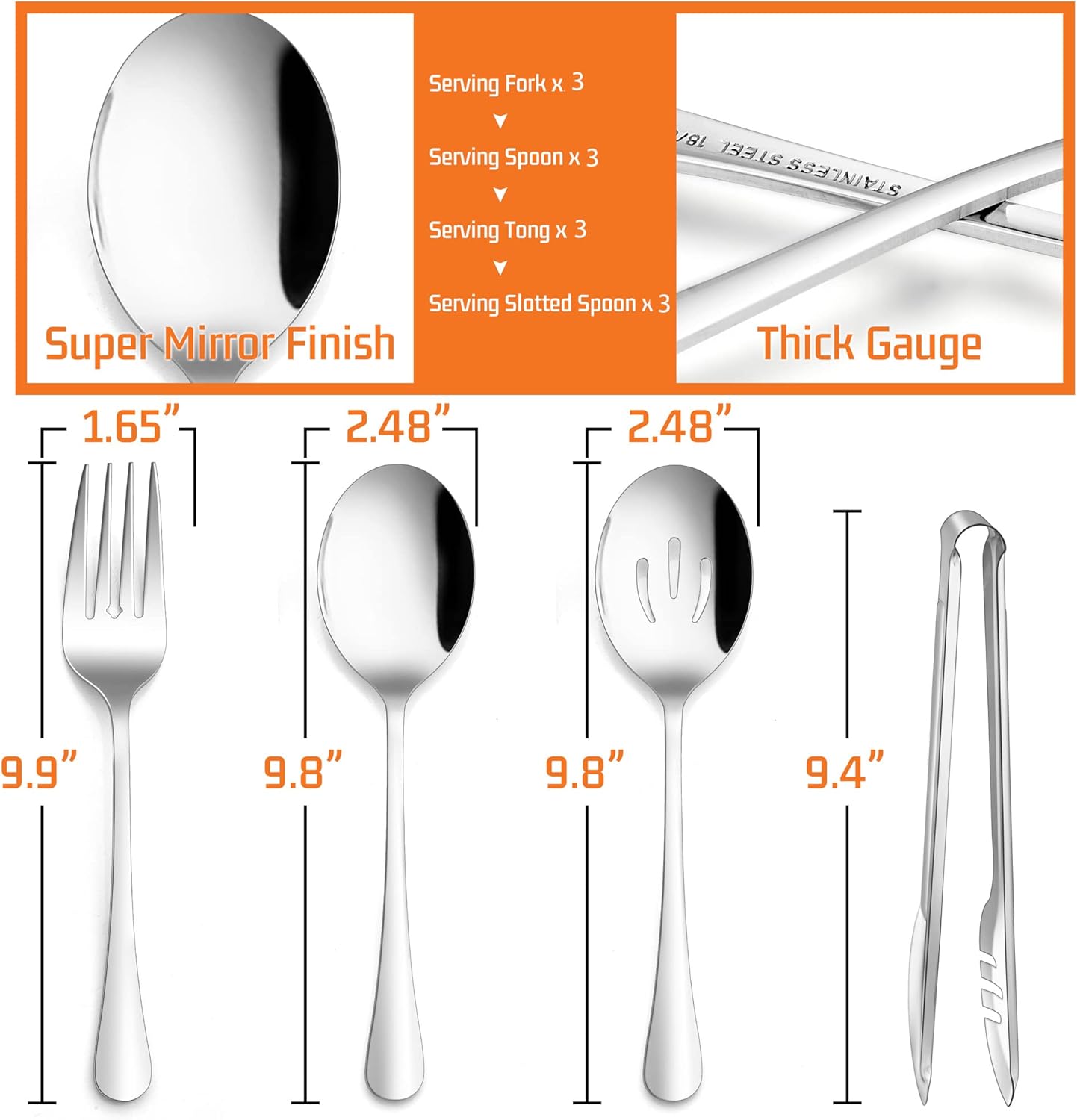 Large Black Serving Utensils Set of 12, E-far Stainless Steel 9.8 Inch Serving Spoons Slotted Spoon, 9.9 Inch Forks, 9.4 Inch Tong for Buffet Catering, Mirror Finish & Dishwasher Safe