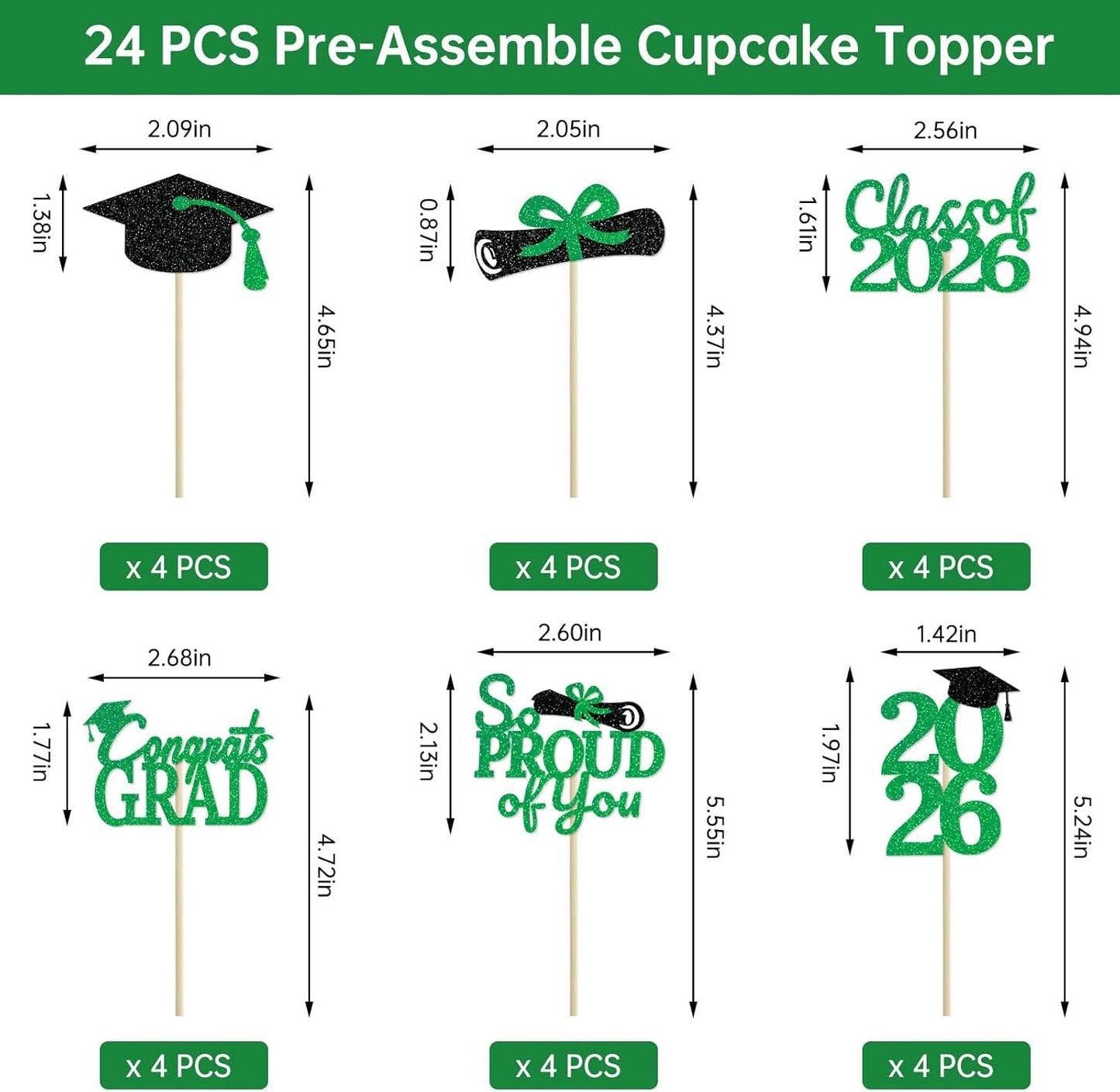 24 Pcs Graduation Cupcake Toppers 2026 - Congrats Grad Decorations Class of 2026, Pre-Assembled Black Gold Grad Cake Topper Centerpieces for Graduation Party Decoration Supplies Table Decor, 6 Styles