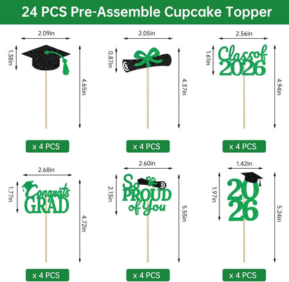 24 Pcs Graduation Cupcake Toppers 2026 - Congrats Grad Decorations Class of 2026, Pre-Assembled Black Gold Grad Cake Topper Centerpieces for Graduation Party Decoration Supplies Table Decor, 6 Styles