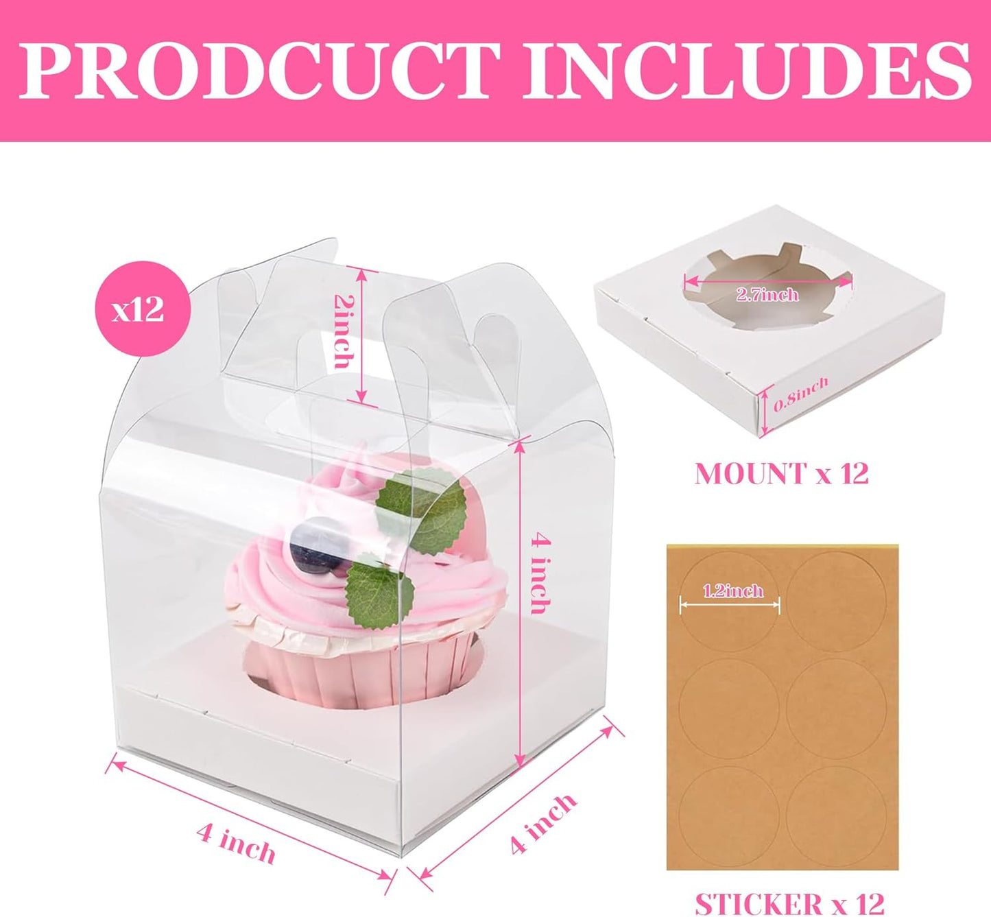12 PCS Individual Cupcake Containers Single Cupcake Boxes with Handle and Inserts Clear Plastic Favor Boxes