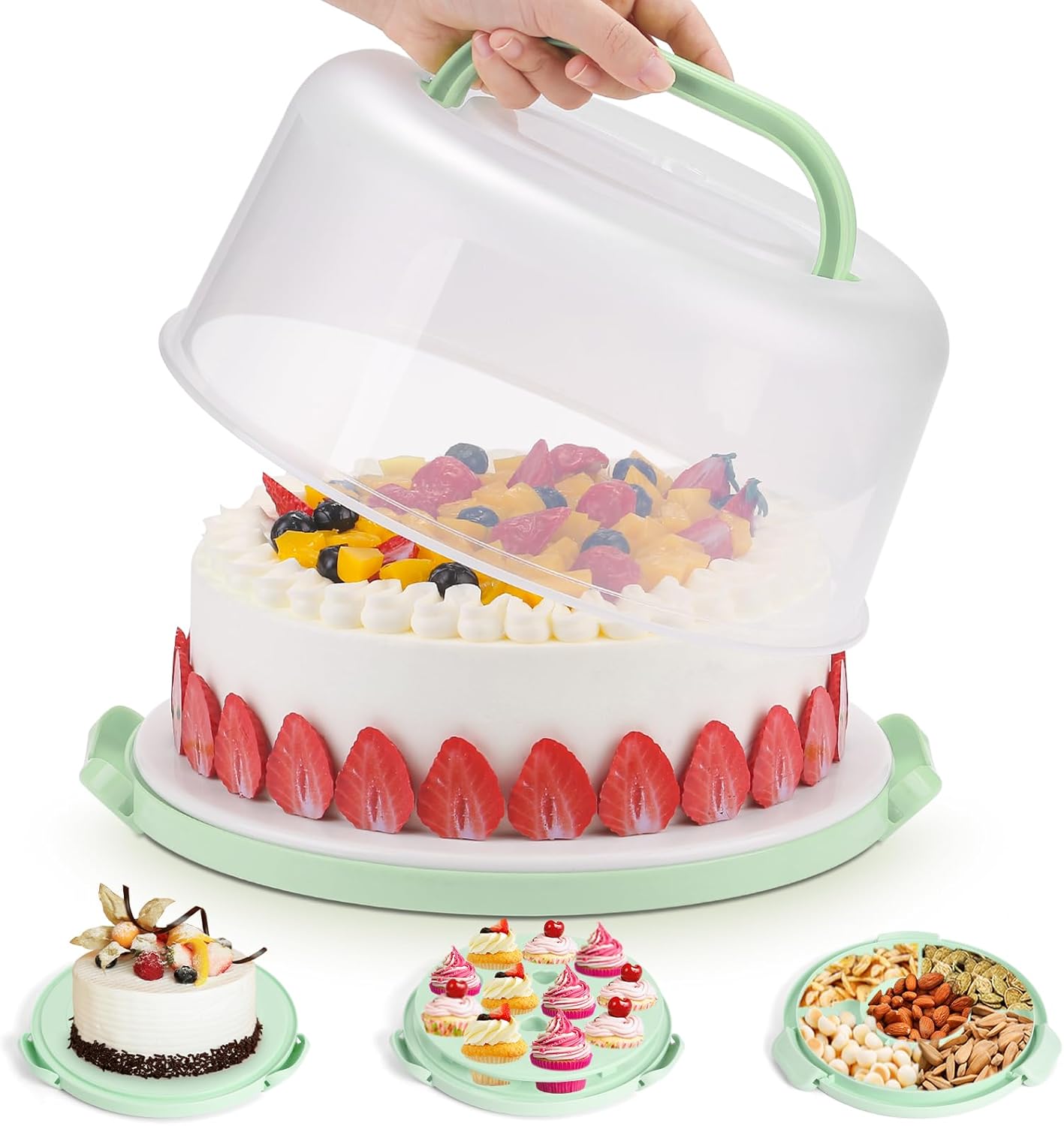 Cake Carrier with Lid and Handle, BPA-Free Cake Containers Cake Stand for 10 inch Cake with 2 Handles Cupcake Carrier - Plastic Cover Two Sided Base for Transport Pie Nuts Fruit Perfect Gifts
