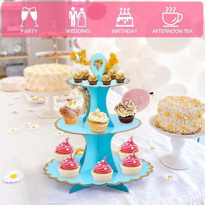 Soleebee 3-Tier Cupcake Stand, Cardboard Cupcake Tower, Cup Cake Stand Tower for Birthday Wedding Party Decoration, Cupcake Tier Stand Desserts Display 1 Set (Purple Gold)