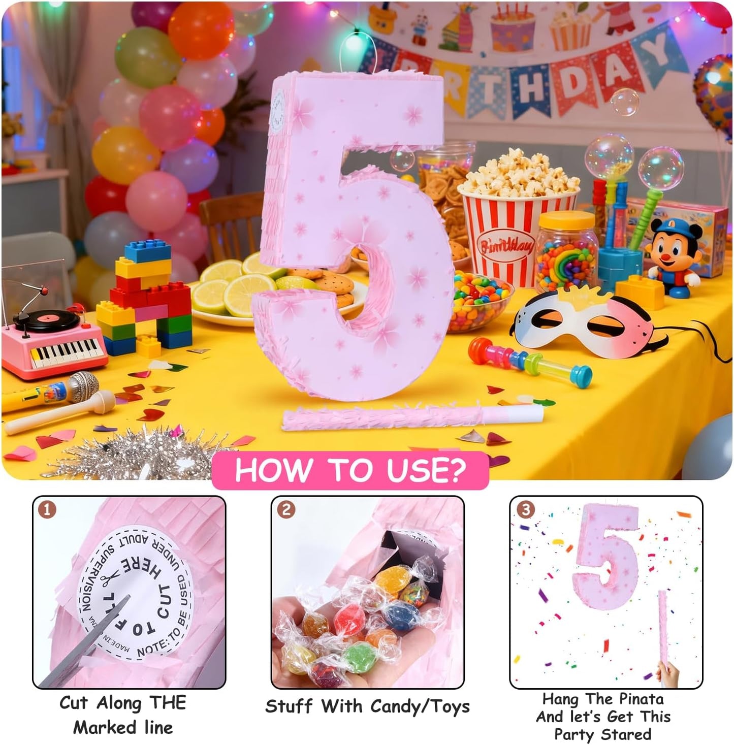 Pink Number 4 Piñata with Pinata Stick & Blindfold for Kids Girls Boys 4th Birthday Party Decorations Carnival Games with Hair Claw Clip Gift (Number 4)