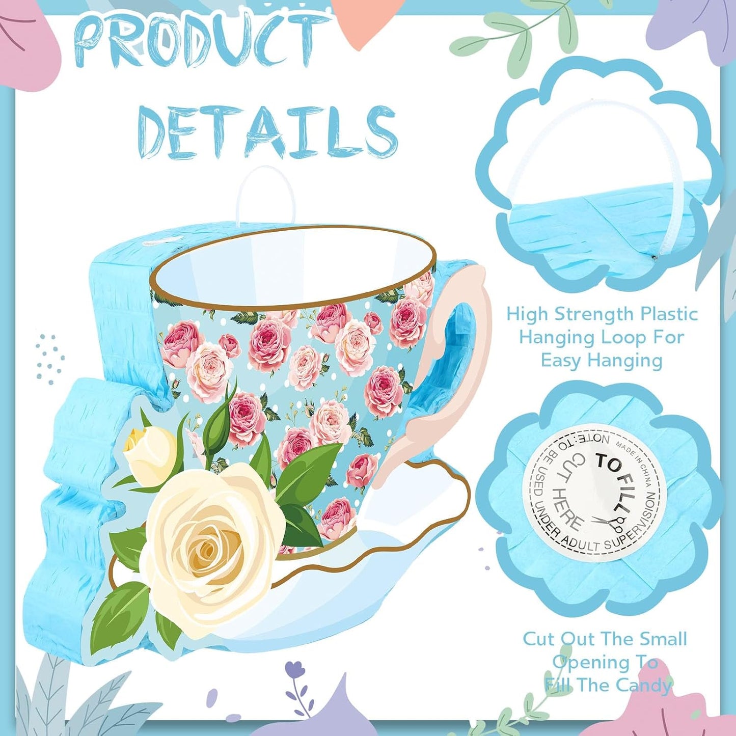 Aoriher 4 Pieces Tea Party Piñatas Tea Flower Themed Decorations Teapot Small Piñata Bundle with Blindfold and Stick Teacup Party Supplies Favors for Birthday(Pink,Teapot)