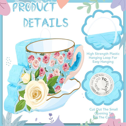 Aoriher 4 Pieces Tea Party Piñatas Tea Flower Themed Decorations Teapot Small Piñata Bundle with Blindfold and Stick Teacup Party Supplies Favors for Birthday(Pink,Teapot)