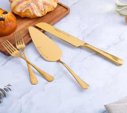 Wedding Cake Knife and Server Set with Forks, Engraved Cake Cutting Set for Wedding Anniversary Christmas Engagement（Gold