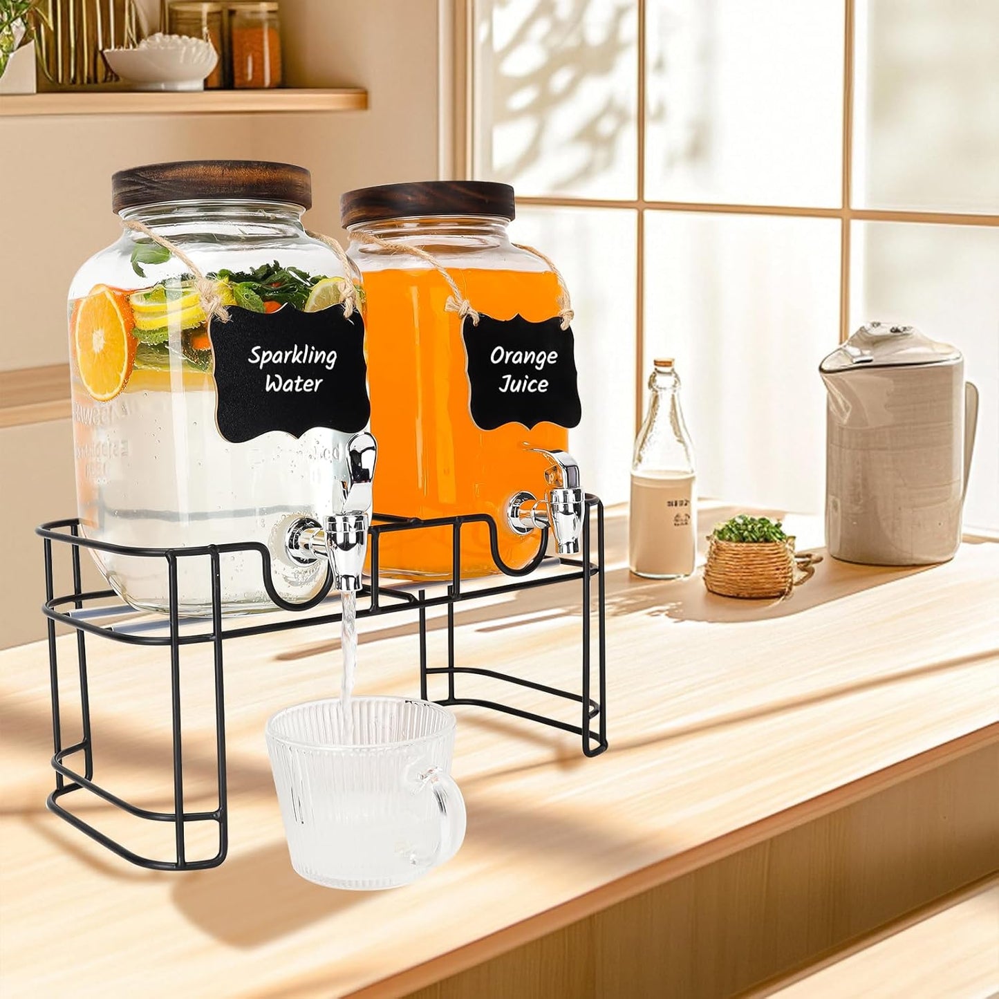 1 Gallon Glass Drink Dispensers, 2 Pack Clear Beverage Dispenser with Stand and Spigot for Parties, Drink Dispenser with Ice Core and Sticker for BBQ, Picnic, Lemonade Dispenser