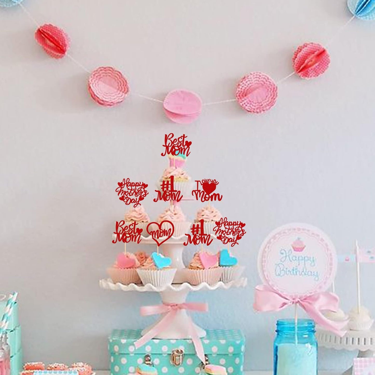 24 PCS Happy Mother's Day Cupcake Toppers with Glitter Heart Love Mother Best Mom Cupcake Picks for Happy Mother's Day Theme Women Birthday Party Cake Decorations Supplies Rose Gold